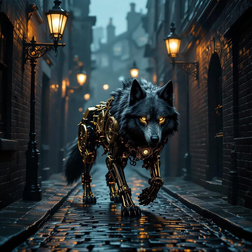 Clockwork Wolf Roams Foggy Victorian London Alleyway