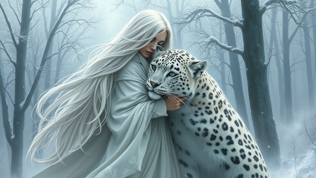 Woman Embracing Snow Leopard in Frozen Forest