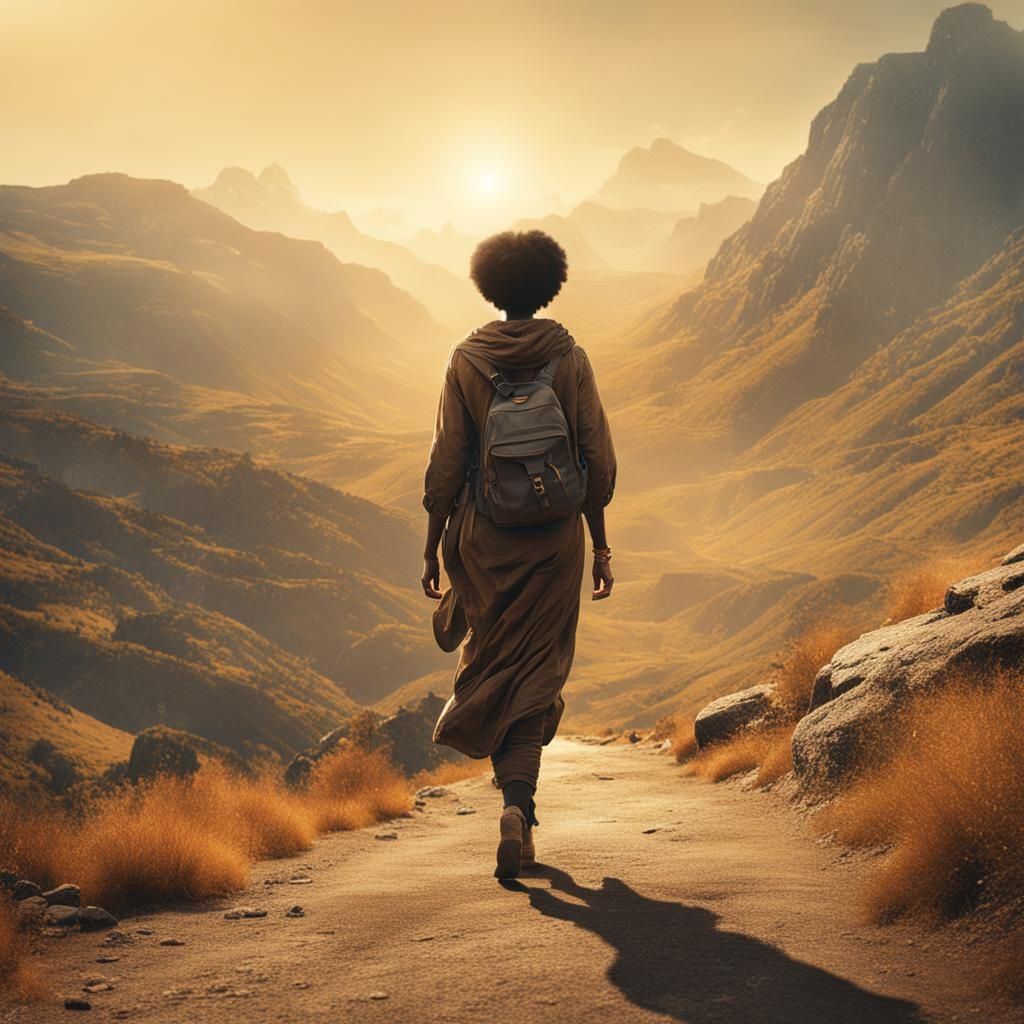 Ethereal Black Woman Walks in Post-Apocalyptic Landscape