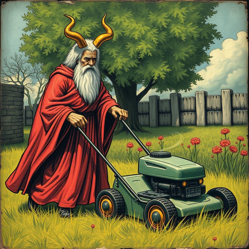 Satan Mowing Lawn in Grandma Moses Style