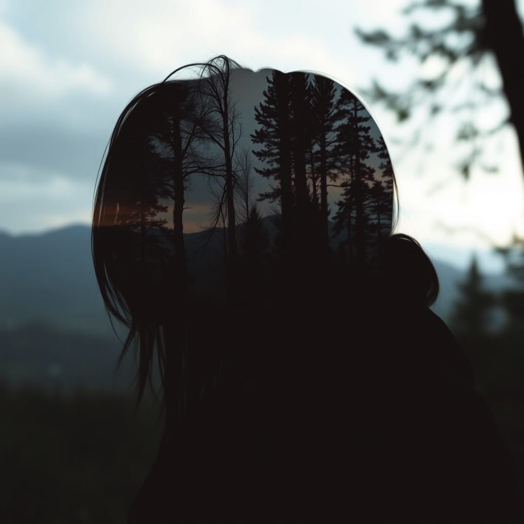 Woman's Silhouette Merged with Forest: Double Exposure