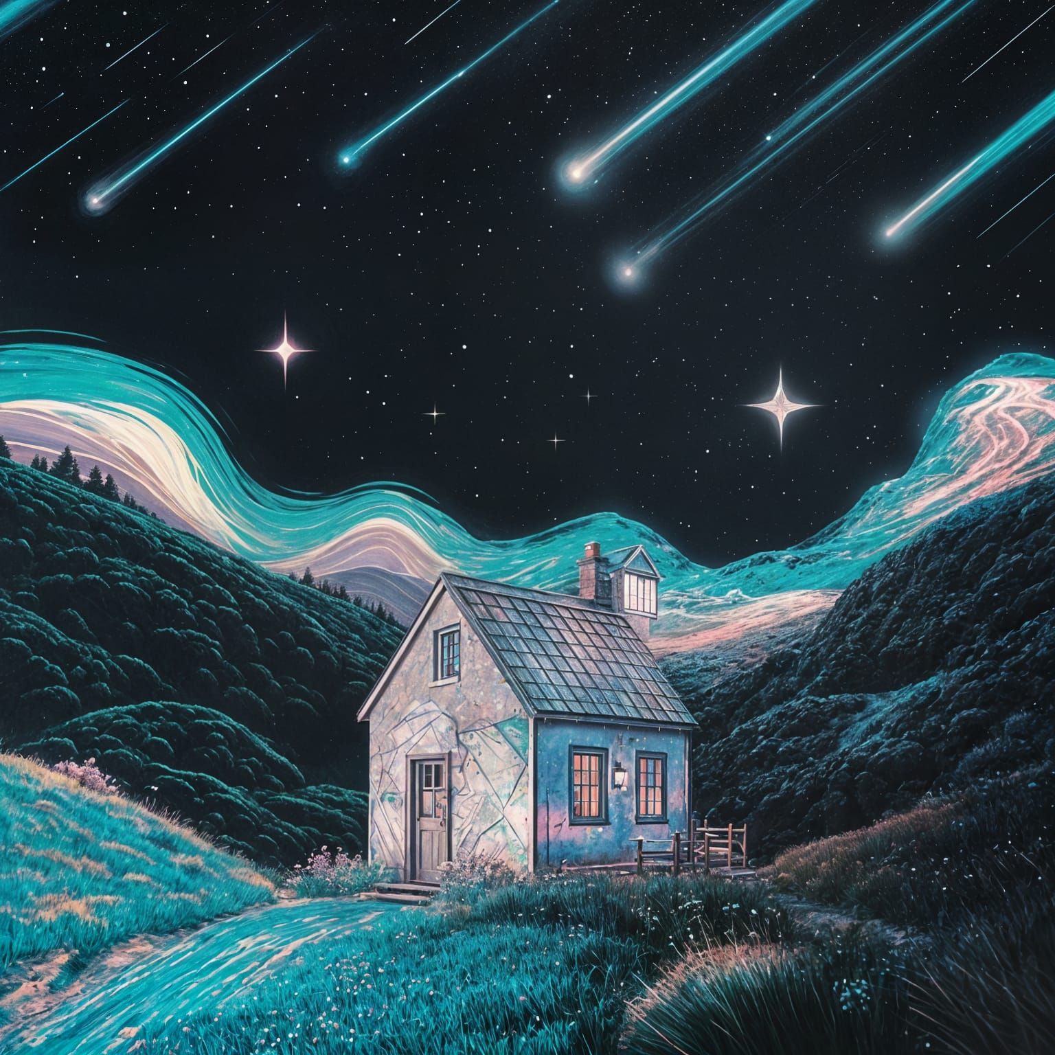 Holographic Cosmic Cottage Under Astral Skies