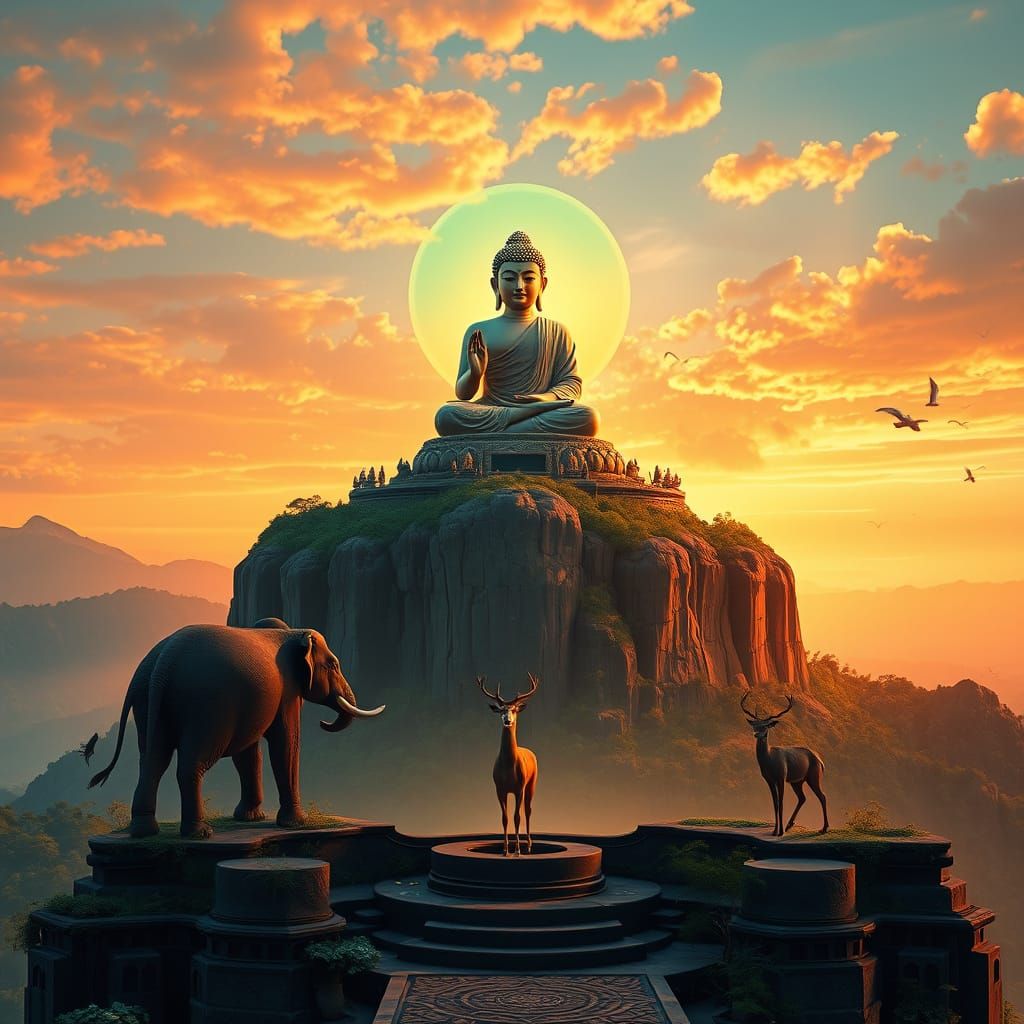 Ethereal Buddha in Vibrant Fantasy Landscape