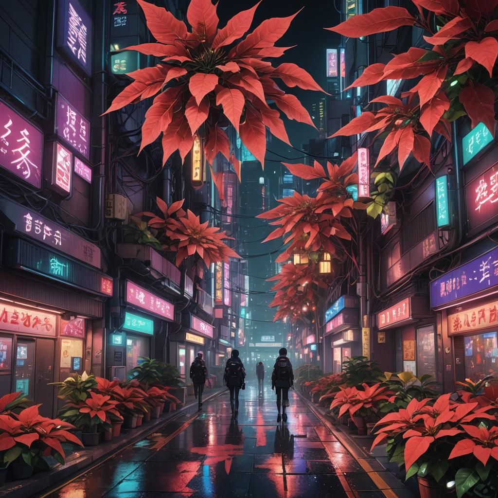 Festive Cyberpunk Anime Cityscape at Night