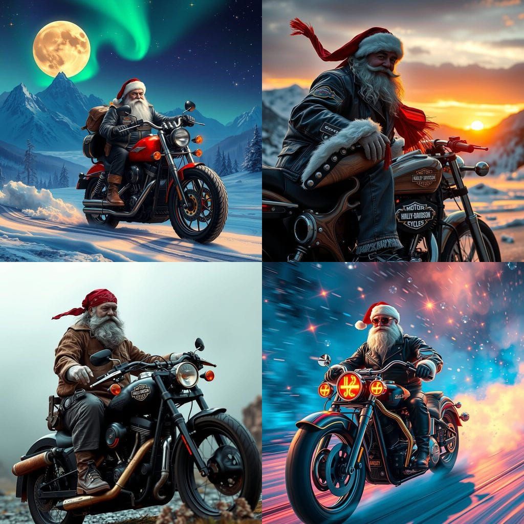 Santa Claus as a Biker in a Fantastical Harley Davidson Scen...