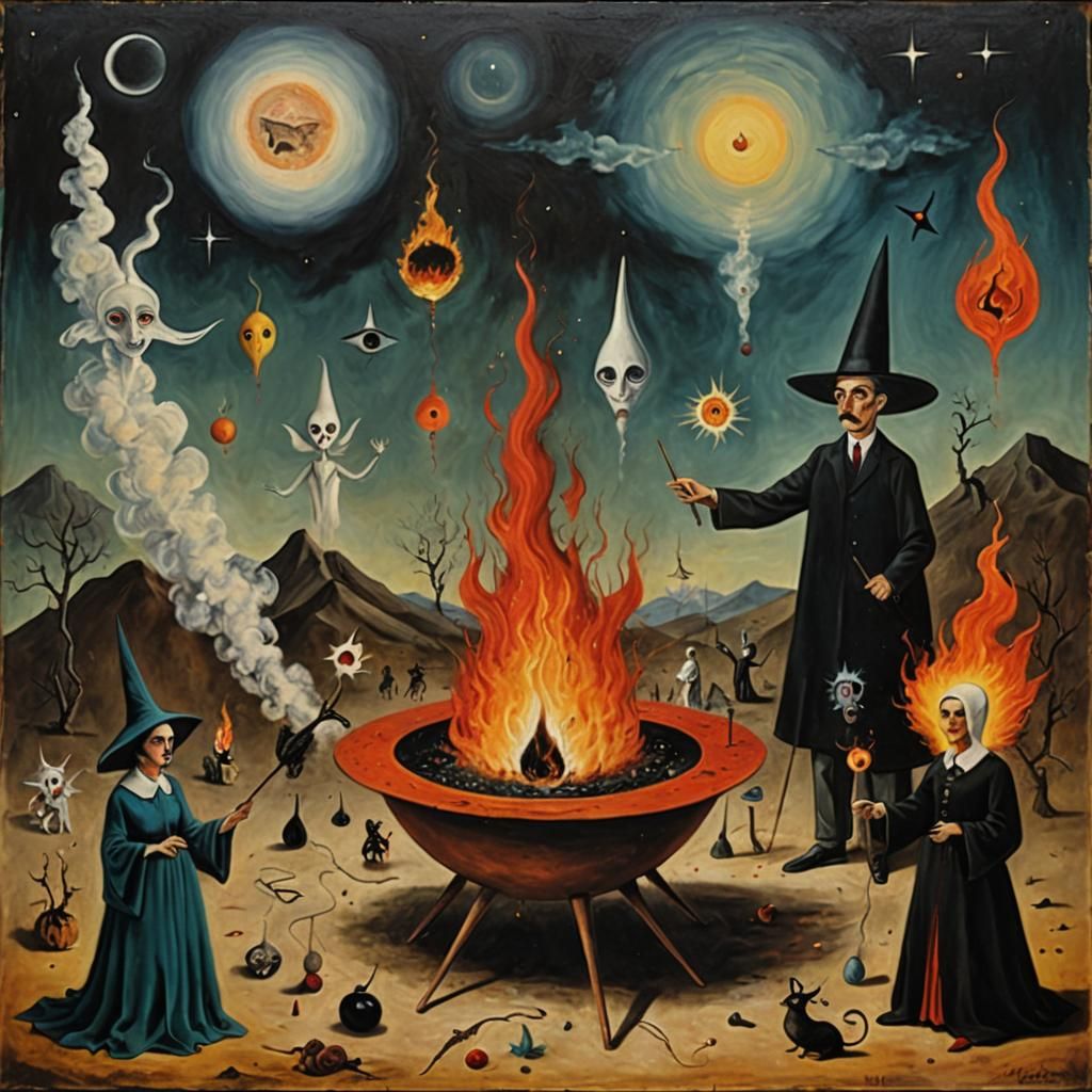 Surrealist Painting: Witches, Heaven, and Burning