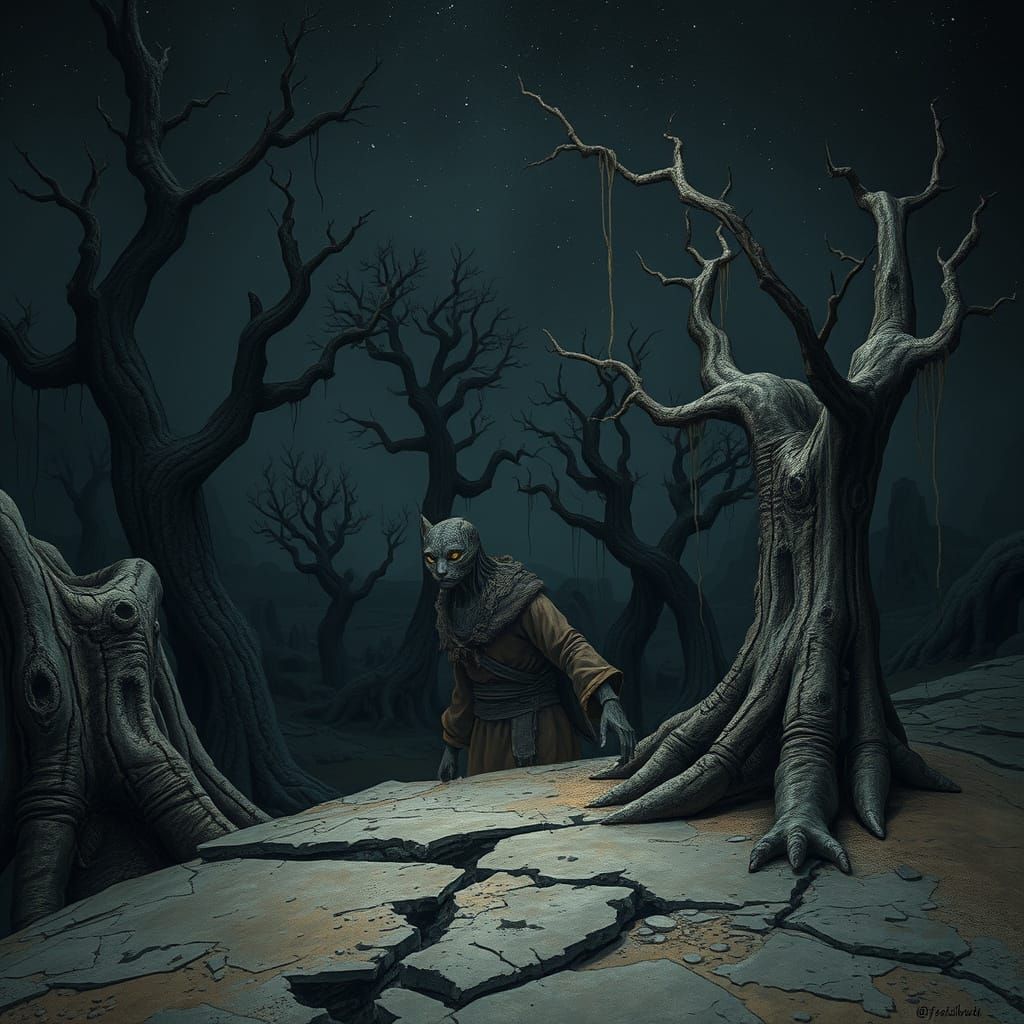 Humanoid Figure in Petrified Forest, Digital Painting