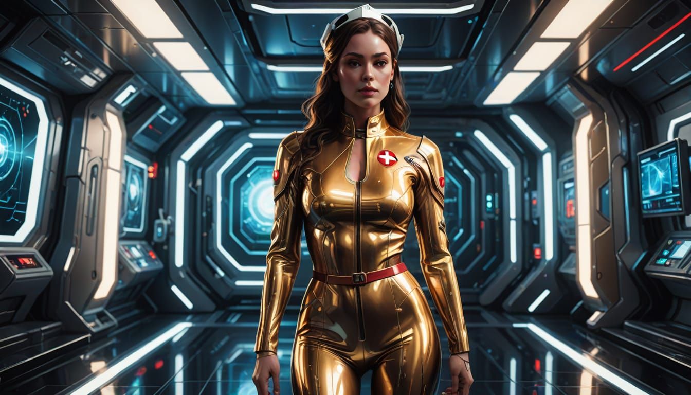Glowing Nurse in Futuristic Space Hospital