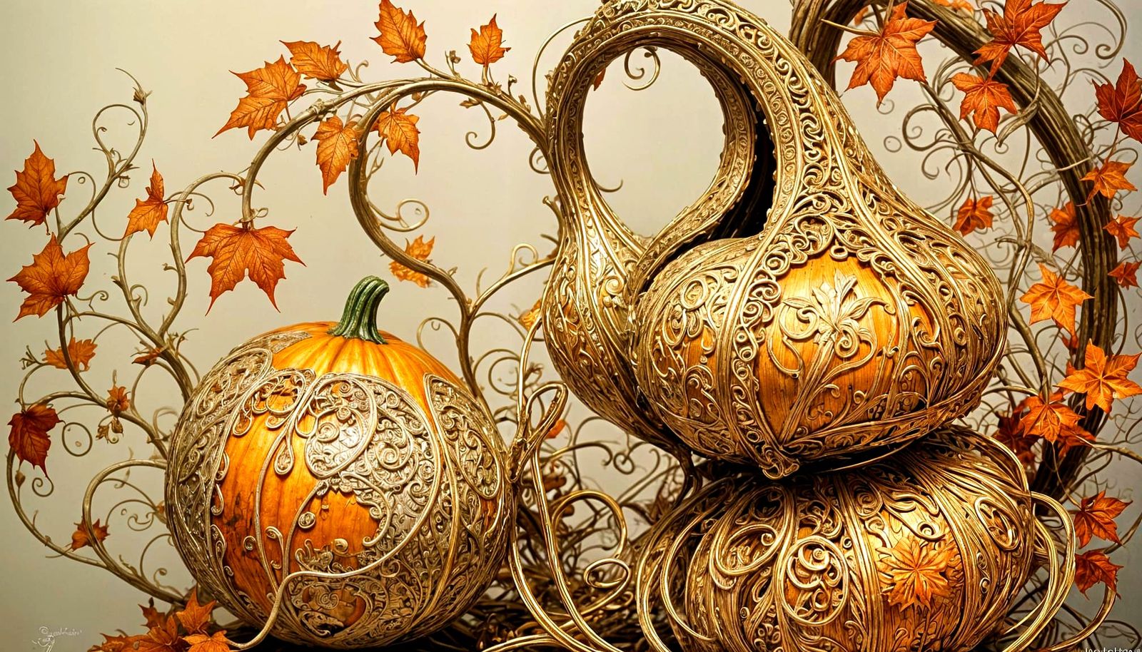Ornate Autumn Gourd in Hyperdetailed Zentangle Style
