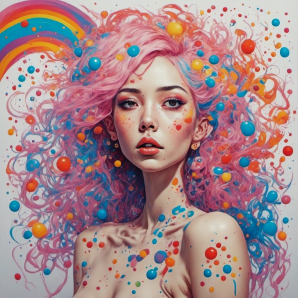 Candy Woman with Rainbow Hair and Blue Eyes