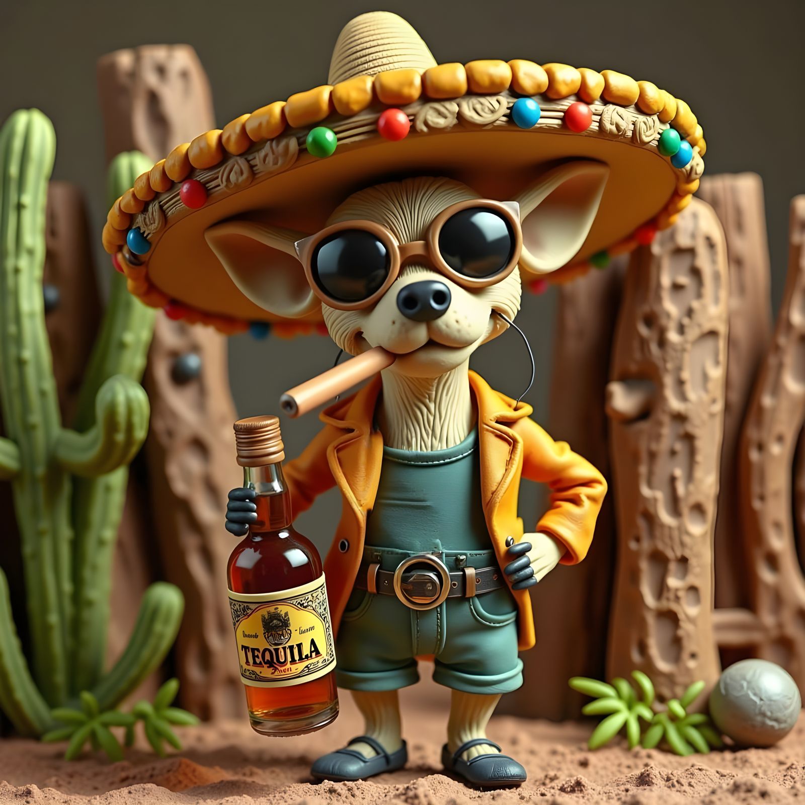 Claymation Chihuahua with Sombrero and Tequila
