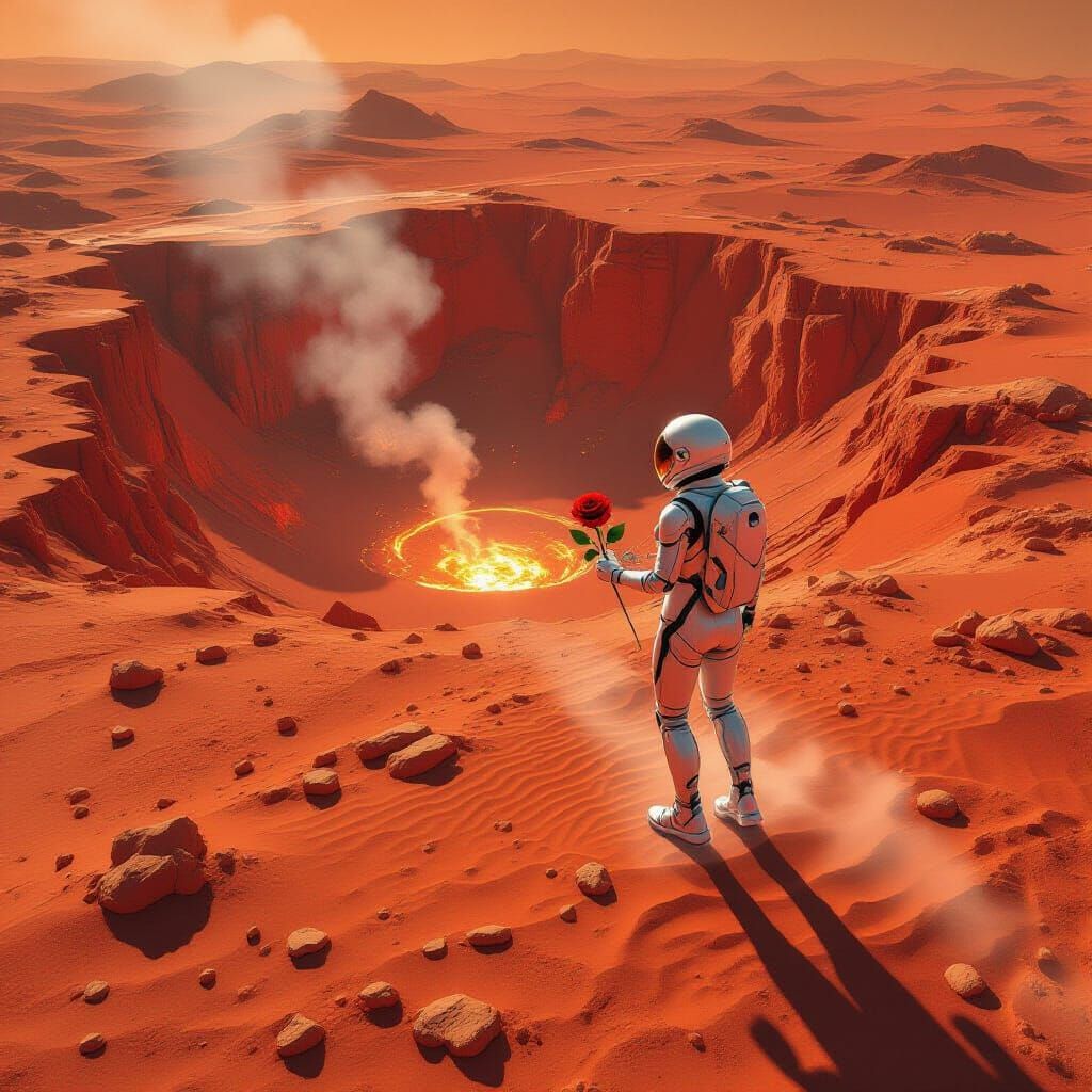 Futuristic Mars Scene: Glowing Crater and Hovering Figure