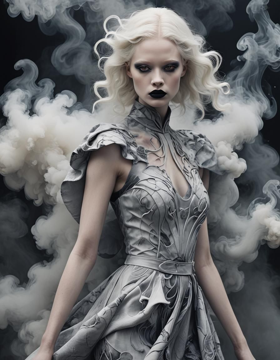 Ethereal Albino Model in Smoky Art Nouveau Fashion