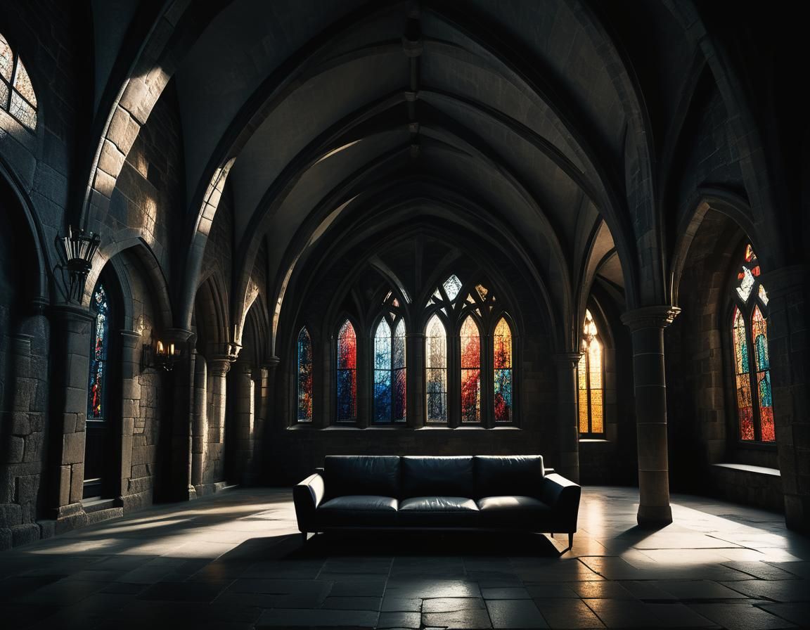 Gothic Minimalist Interior with Modern Sofa