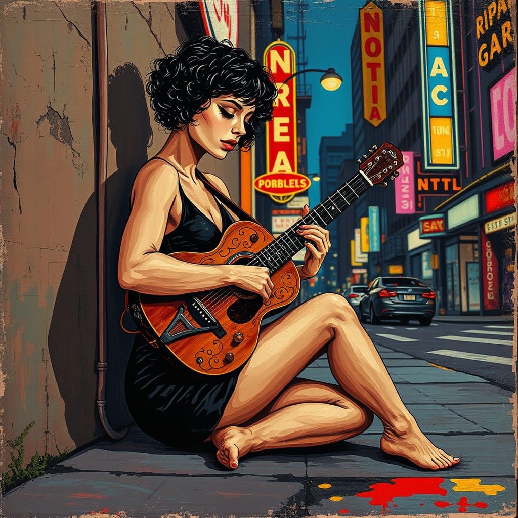 Sultry Guitarist in Urban Pop Art Style