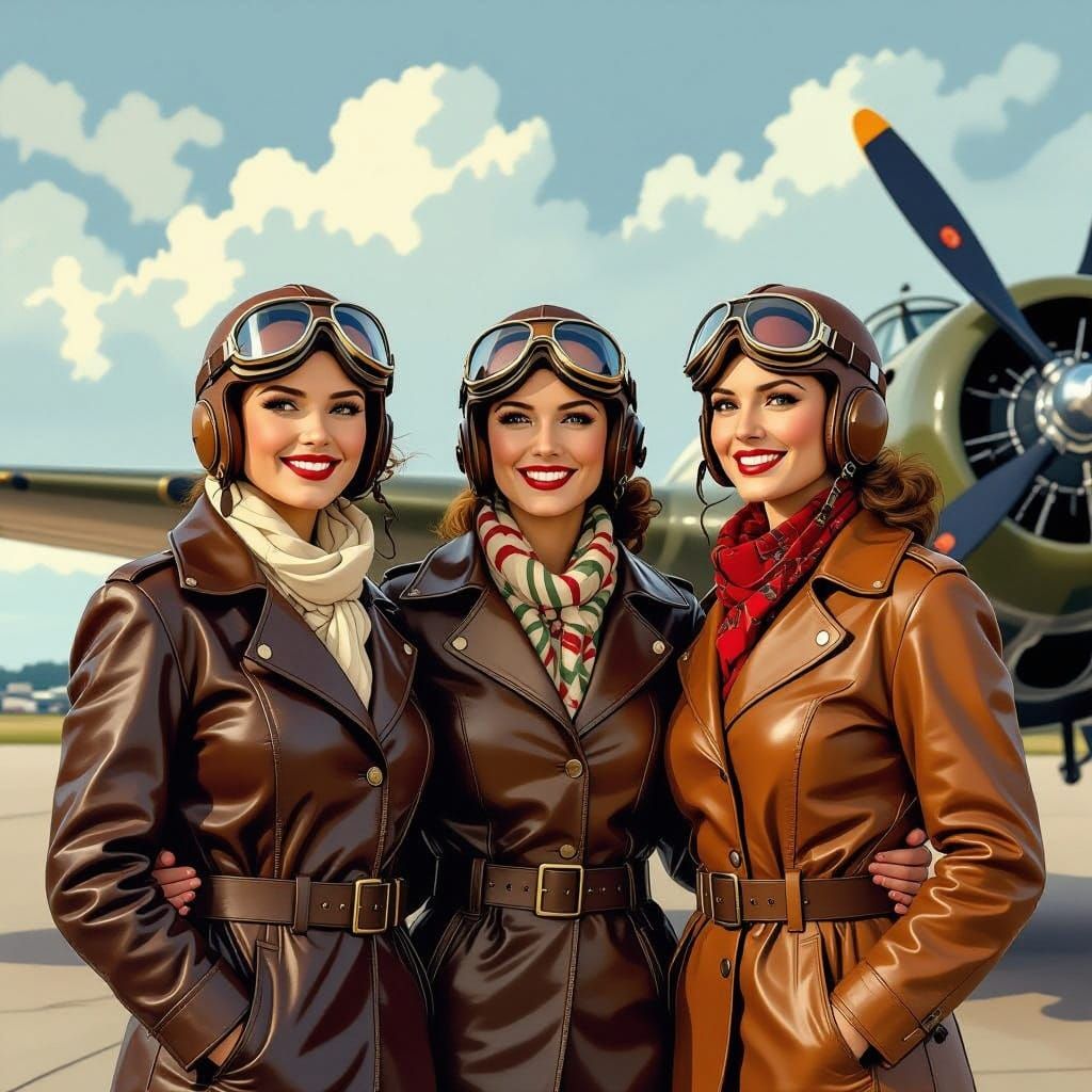 Women Bomber Ferry Pilots in Vintage Aviation Style