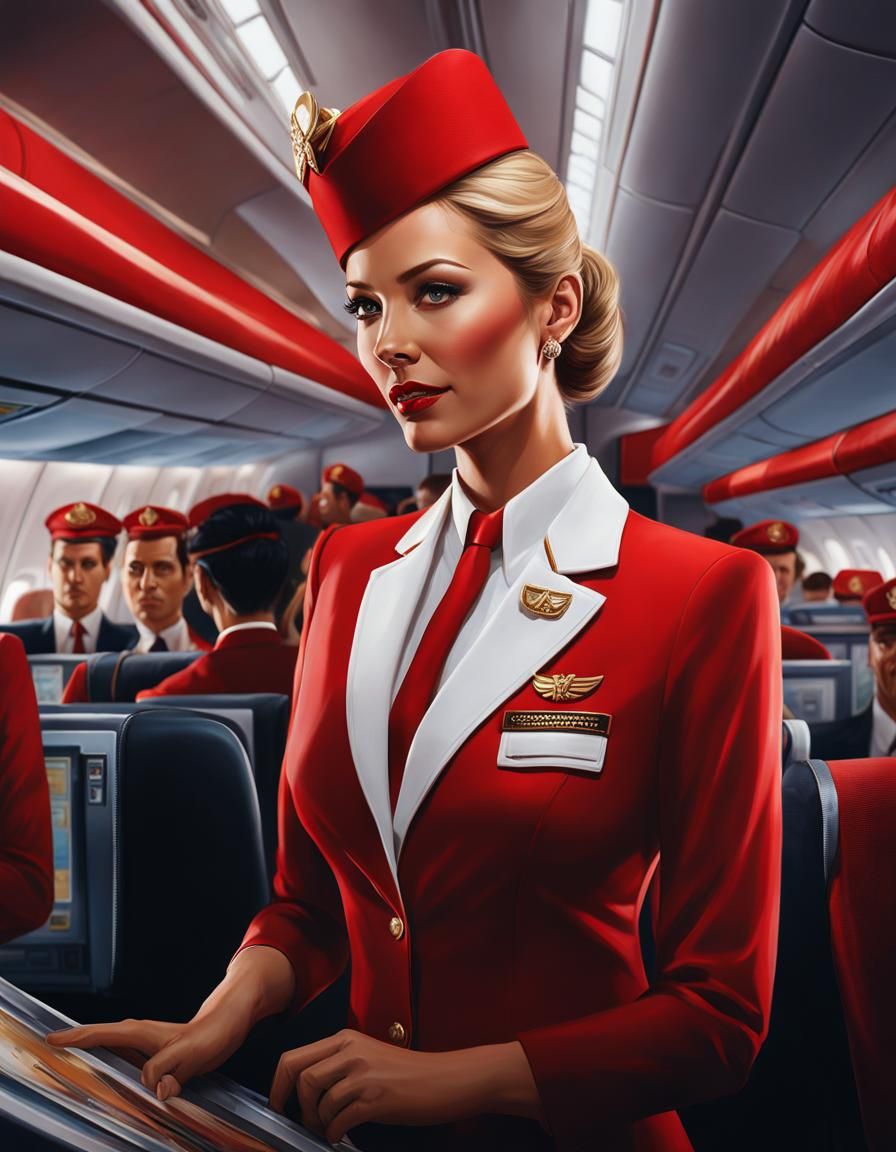 Attractive Flight Attendant in Mixed-Media Painting