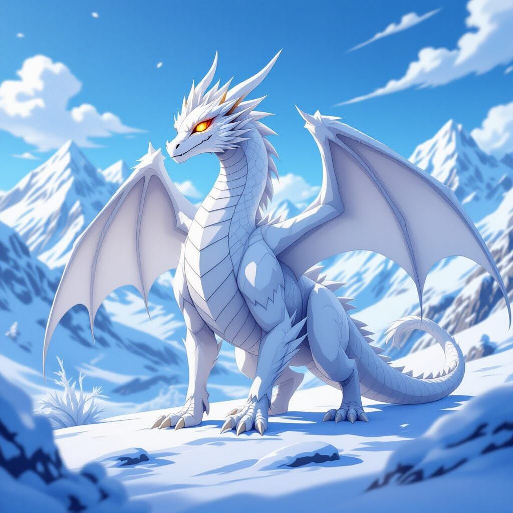 Anime Dragon in Snowy Landscape with Golden Eyes
