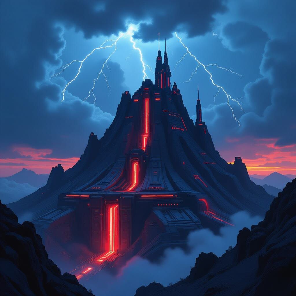 Futuristic Supervillain Lair in Volcanic Mountain at Dusk