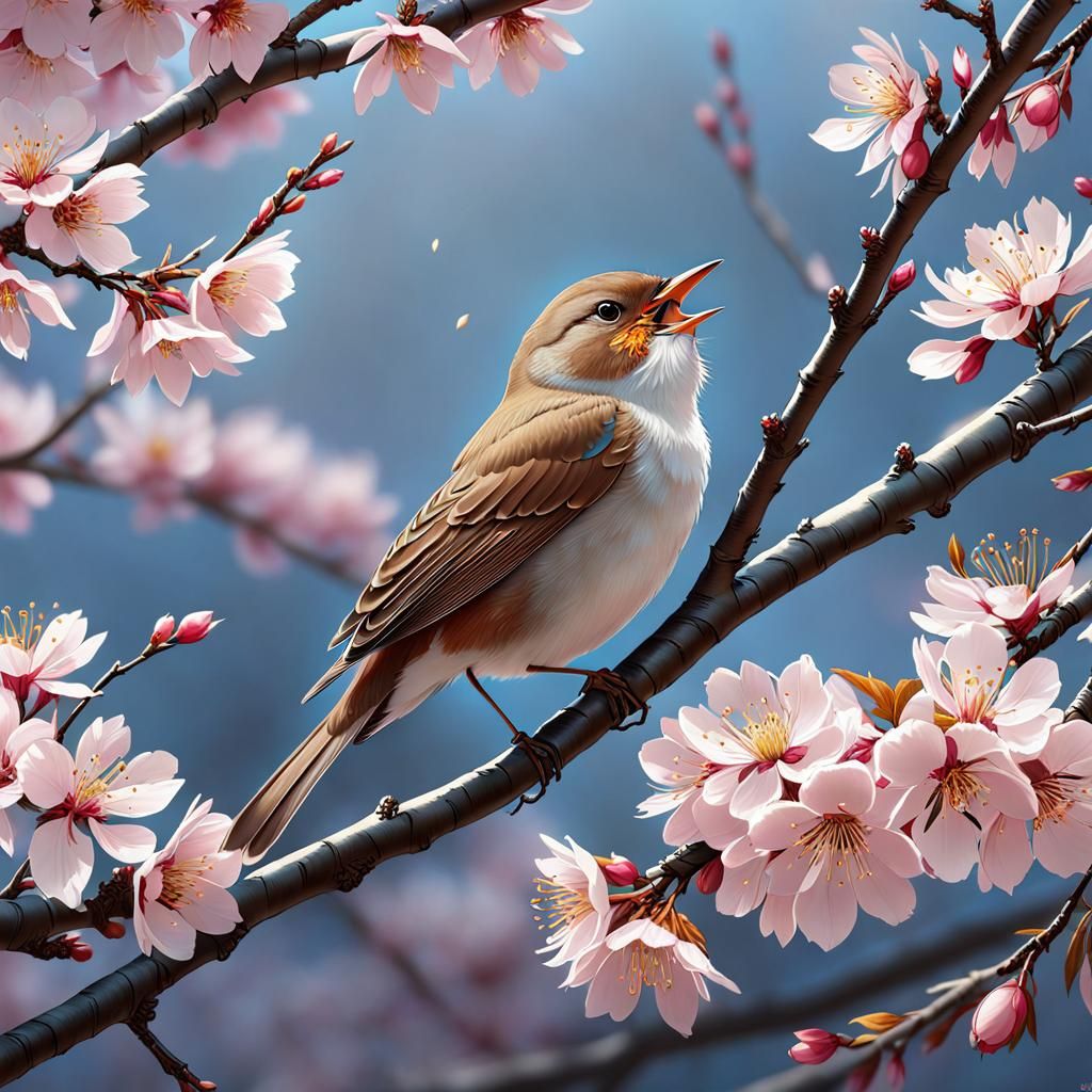 Nightingale's Song on Sakura Branch: A Digital Silk Art
