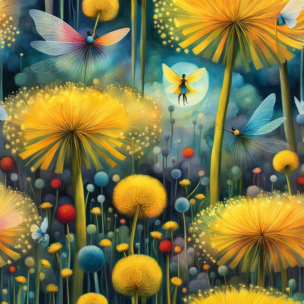 Winged Fairies Making Wishes in Dandelion Dreamscape