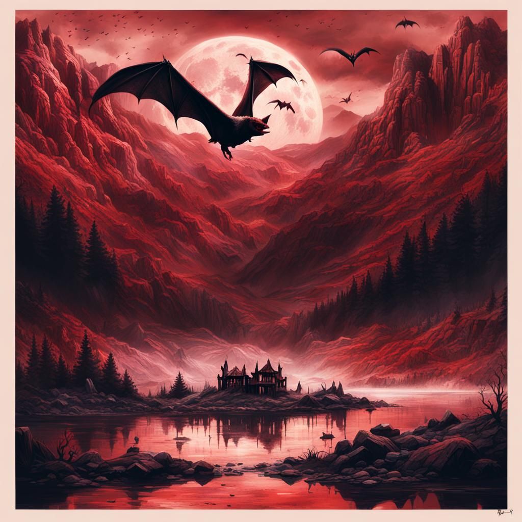 Epic Vampire Bats Over Blood Lakes Digital Painting