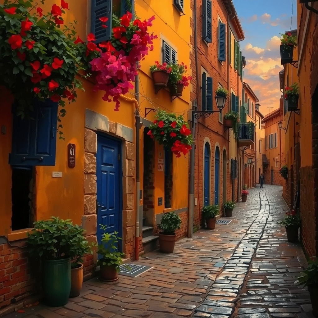 Italian Alleyway with Blue Doors: Impasto Gouache Style