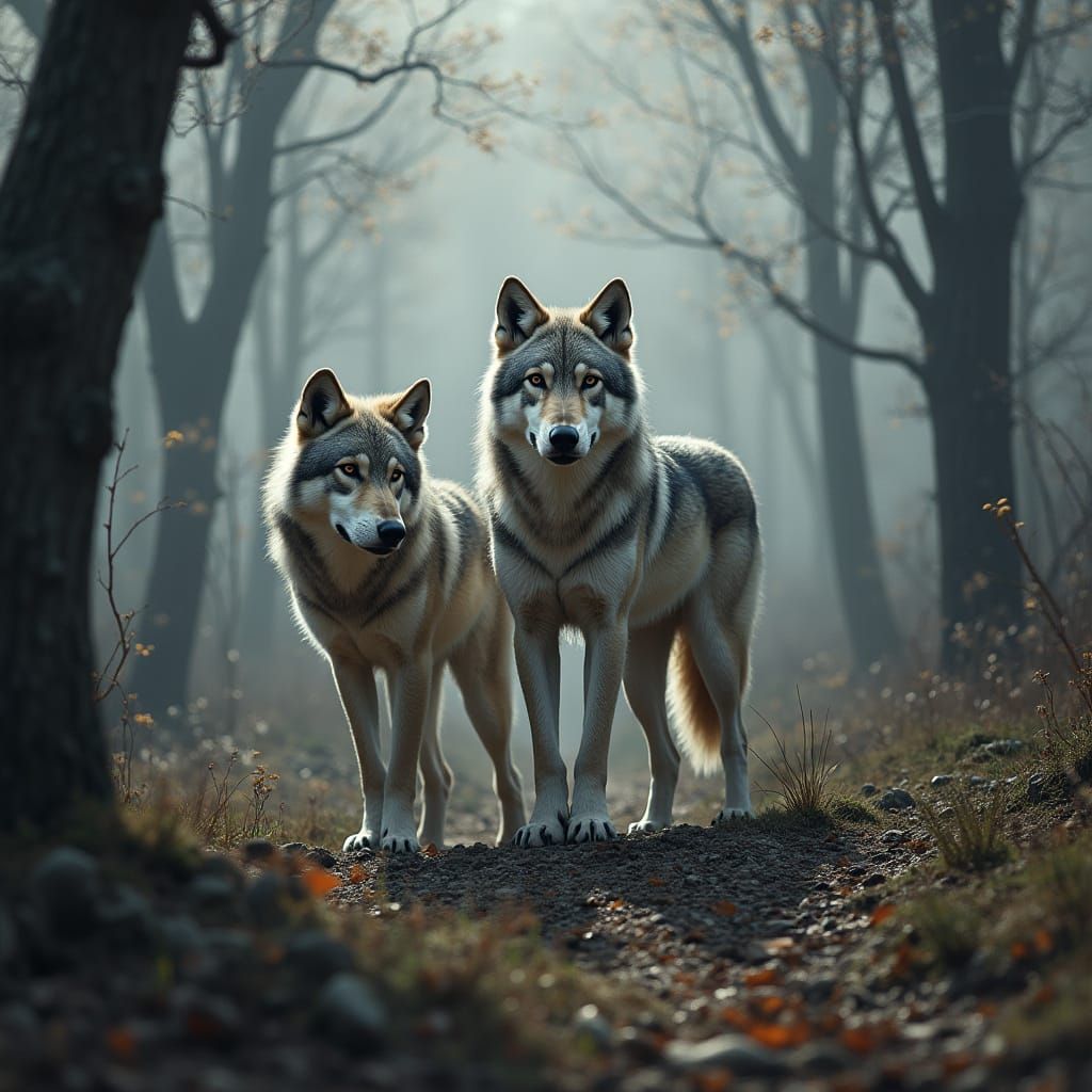 Majestic Wolves in a Forest Landscape