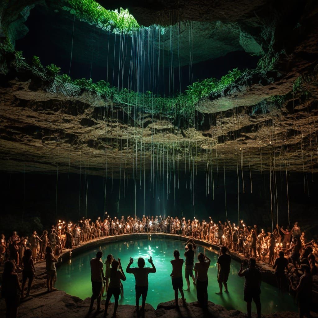 Vibrant Party in a Cenote Cave, Hyperrealistic Photo