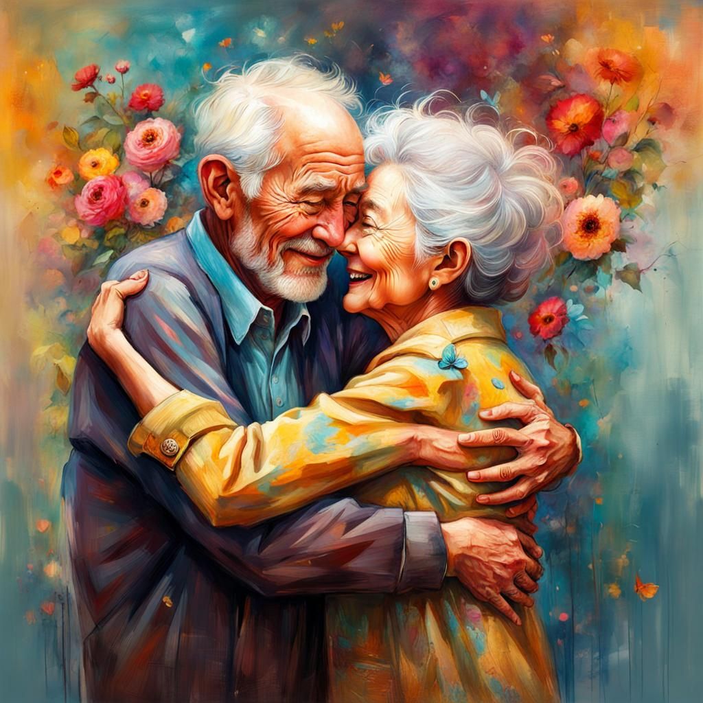 Joyous Embrace of Elderly Couple in Art Brut Style