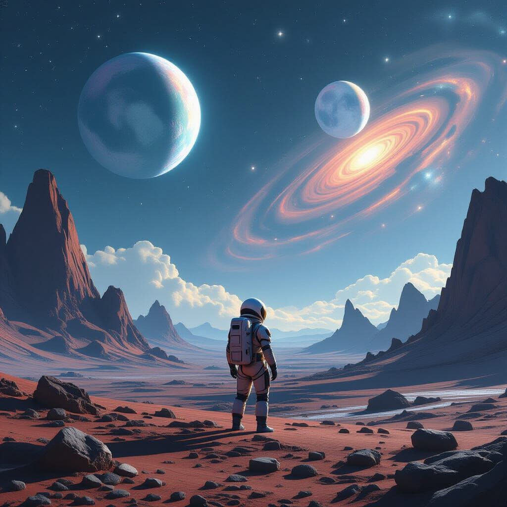 Astronaut on Alien Planet Gazing at Dual Moons