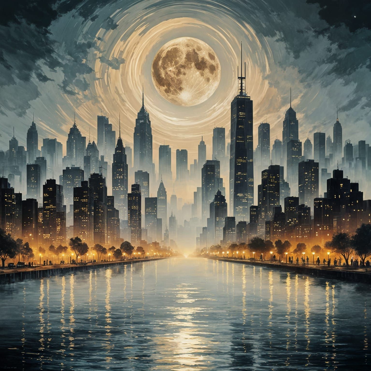 Moonlit Cityscape at Dusk in Dark Romantic Style