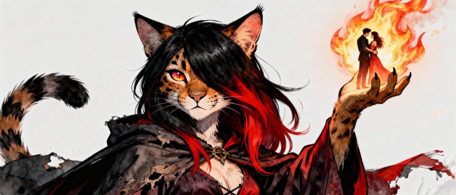 Furry Lynx Conjures Lovers in Flames, Epic Fantasy Art