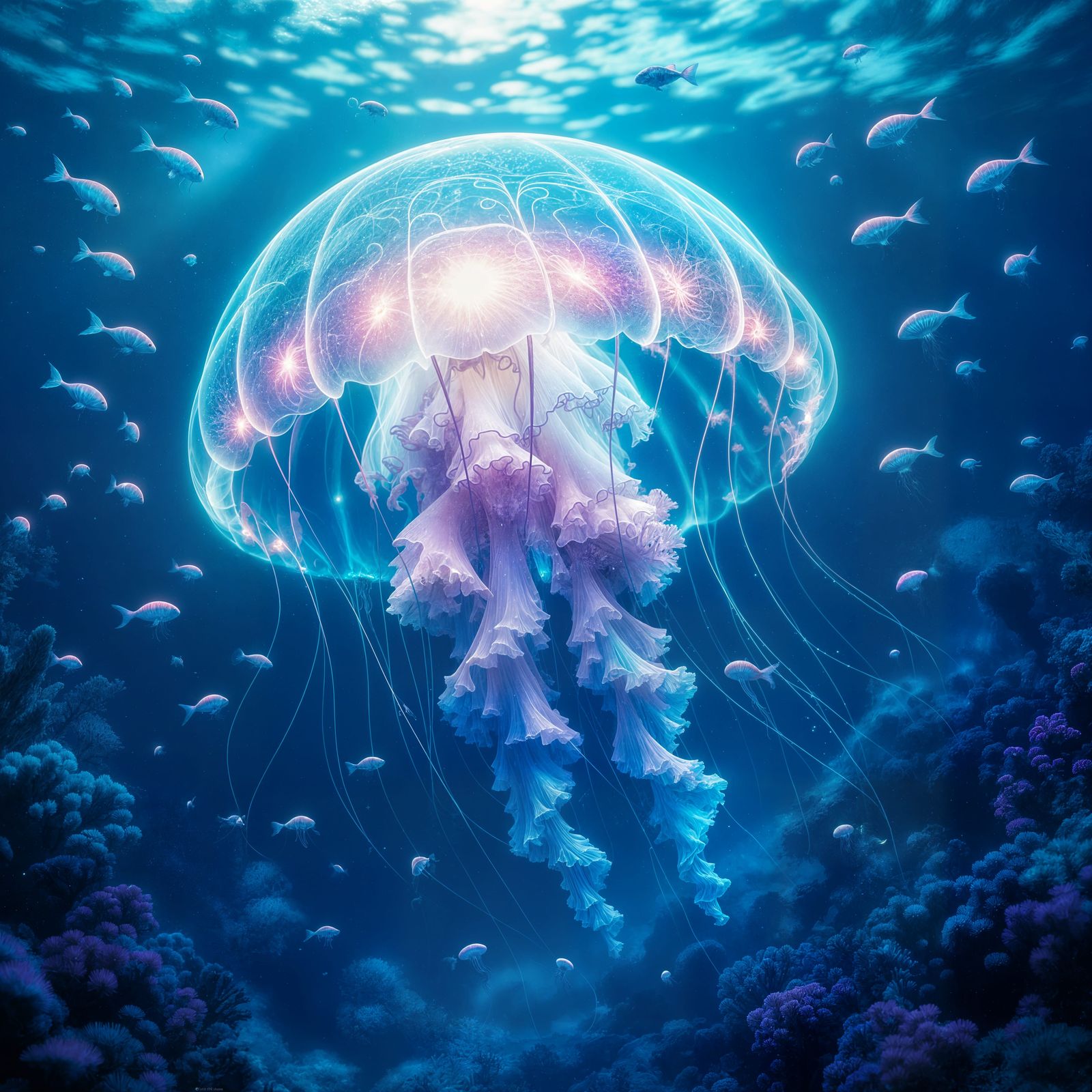 Cathedral Jellyfish Drifting Through Bioluminescent Coral Re...