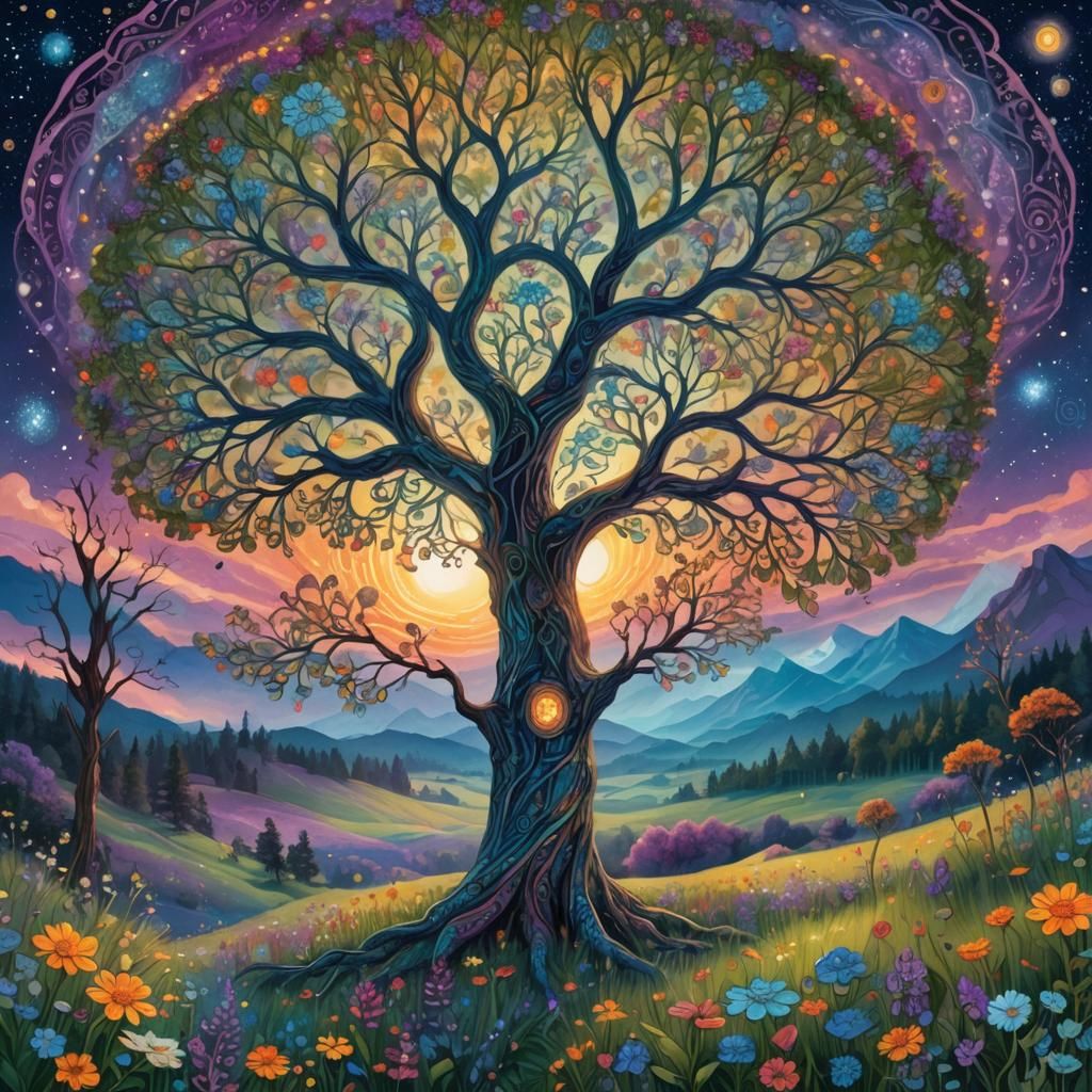 Ethereal Fantasy Landscape with Mystical Tree