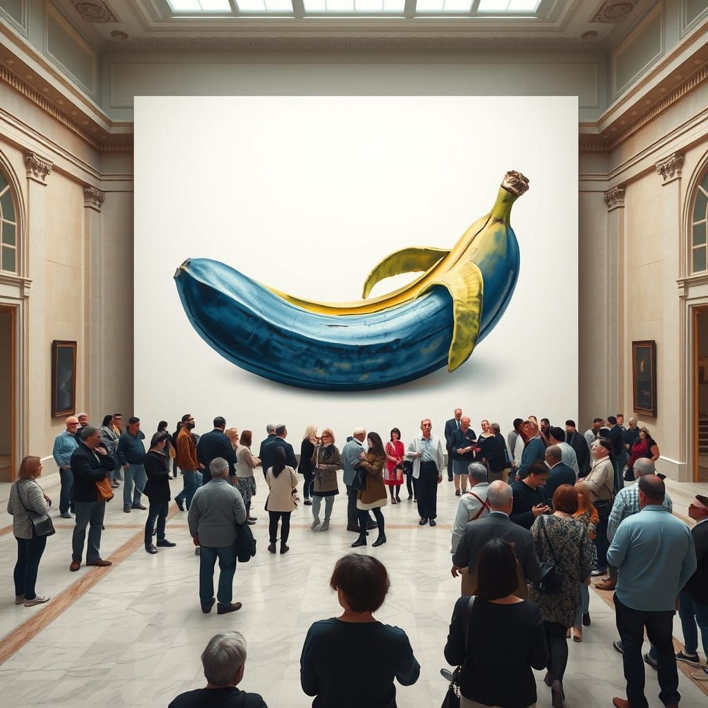 A Hyper-Realistic Blue Banana in a Museum Setting