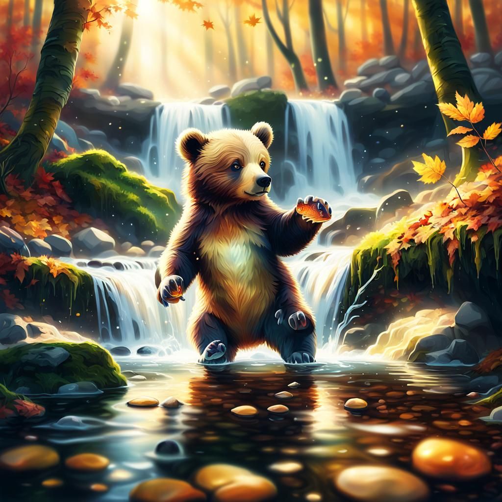 Baby Bear's Autumn Waterfall Adventure in Digital Art