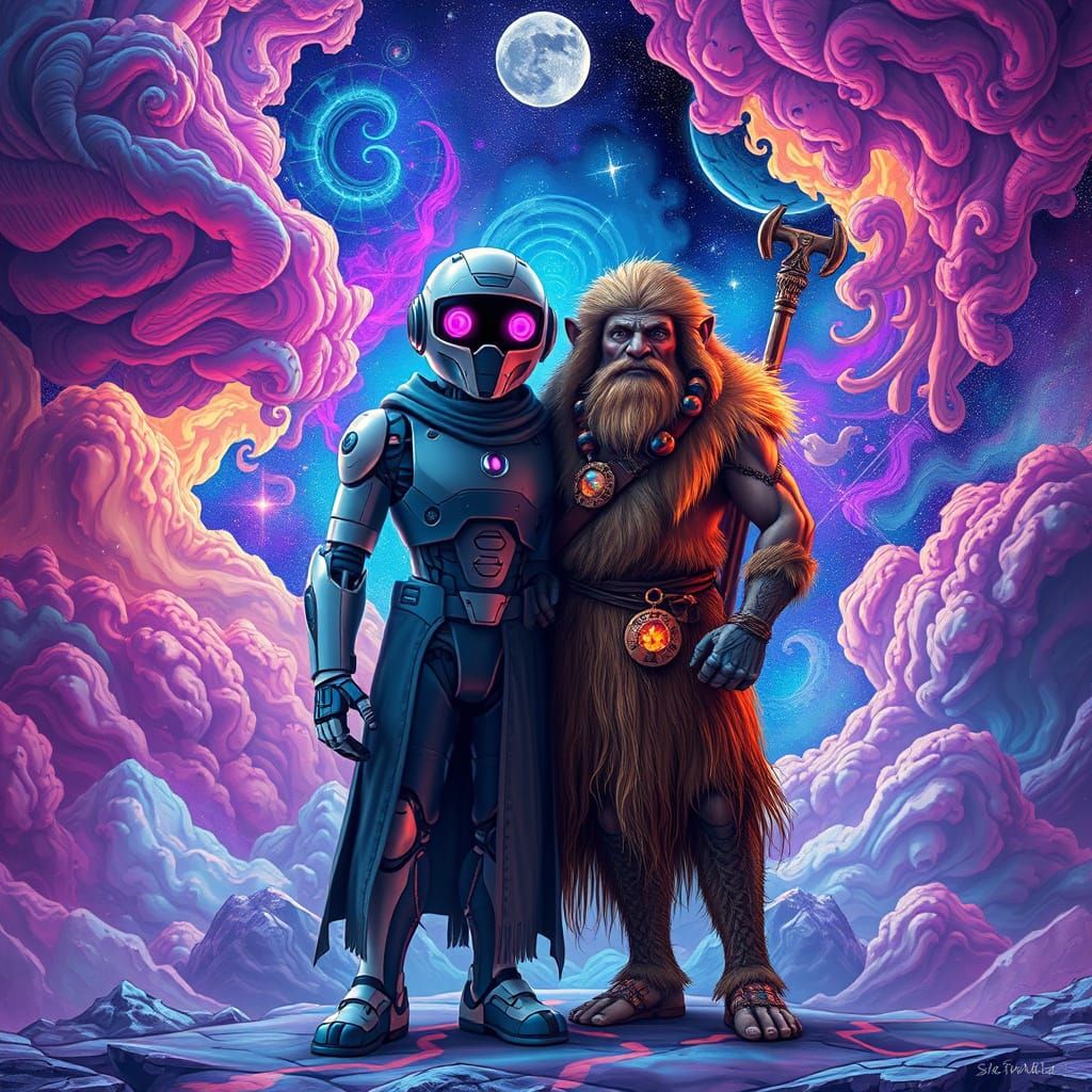 Robot and Caveman in Cosmic Astral Clouds