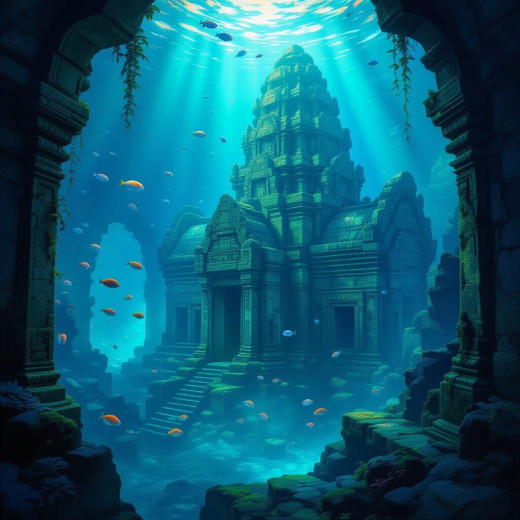 Bioluminescent Temple Ruins in Underwater City