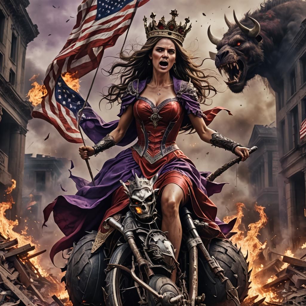 Woman Riding Beast in Destruction and Fire