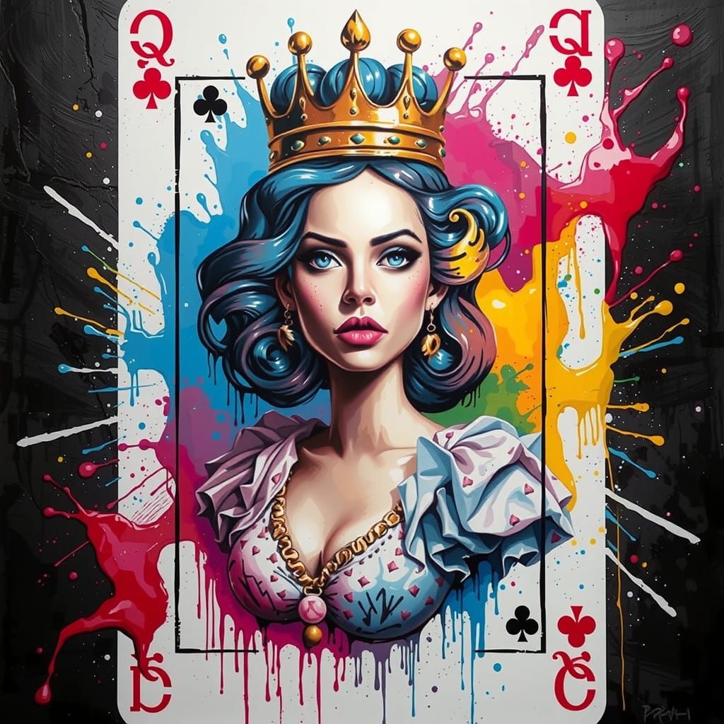 Graffiti Art Masterpiece: Swirling Queen of Clubs in Vibrant...