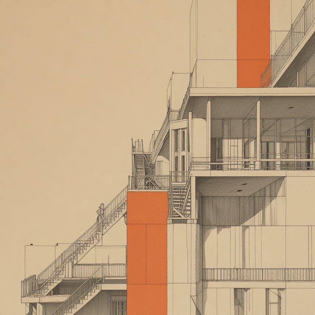 Escher-Inspired Architectural Art in Vibrant Orange Panels
