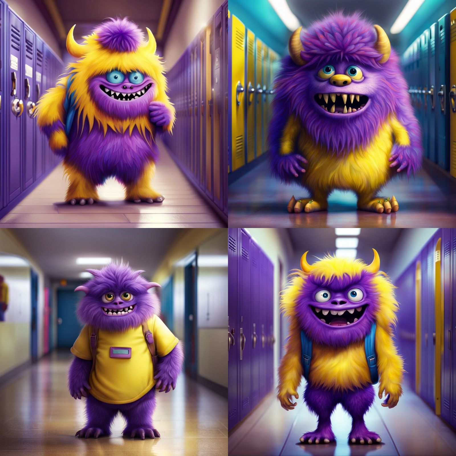 Hyperrealistic Purple Monster in School Hallway