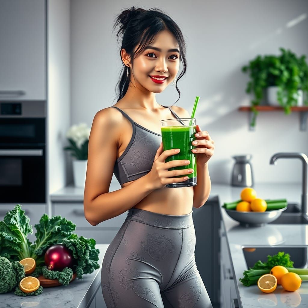 Radiant Woman with Smoothie in Modern Kitchen