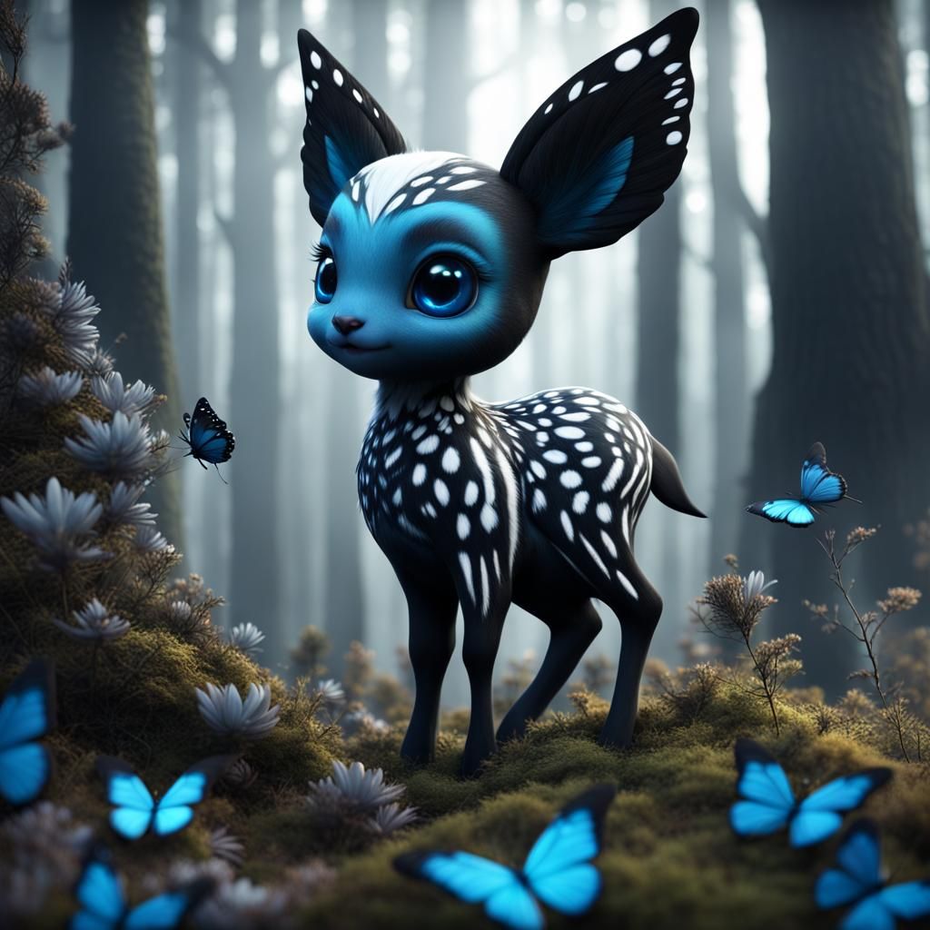 Cute Baby Deer in Forest with Blue Butterfly