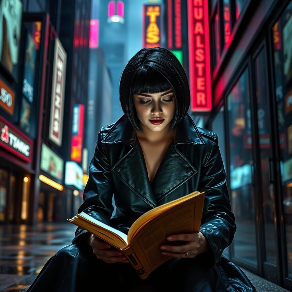 Woman in Futuristic Alleyway Reads Ancient Book with Wonder