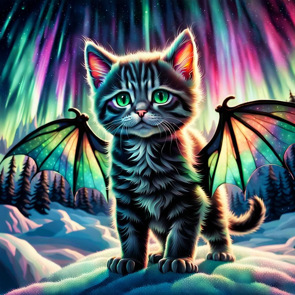 Bat-Winged Kitten Soaring in Aurora Borealis