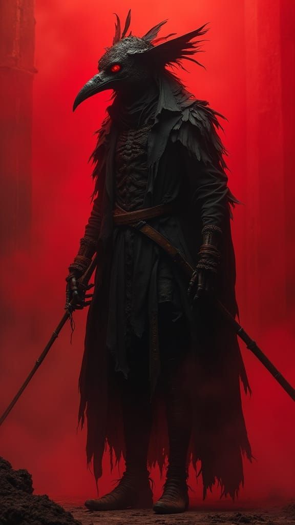 Sinister Figure Emerging from Crimson Haze