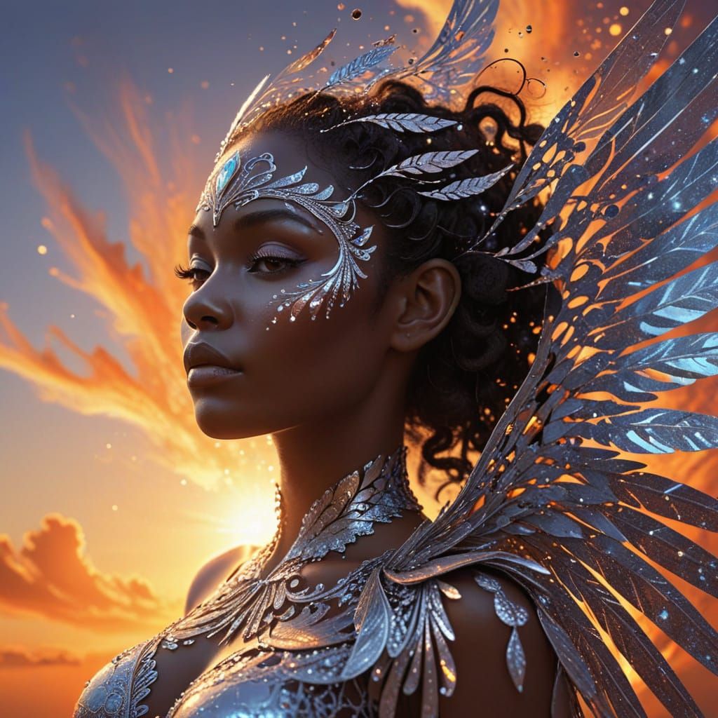 Silver-Winged Angel Against Vibrant Sunrise