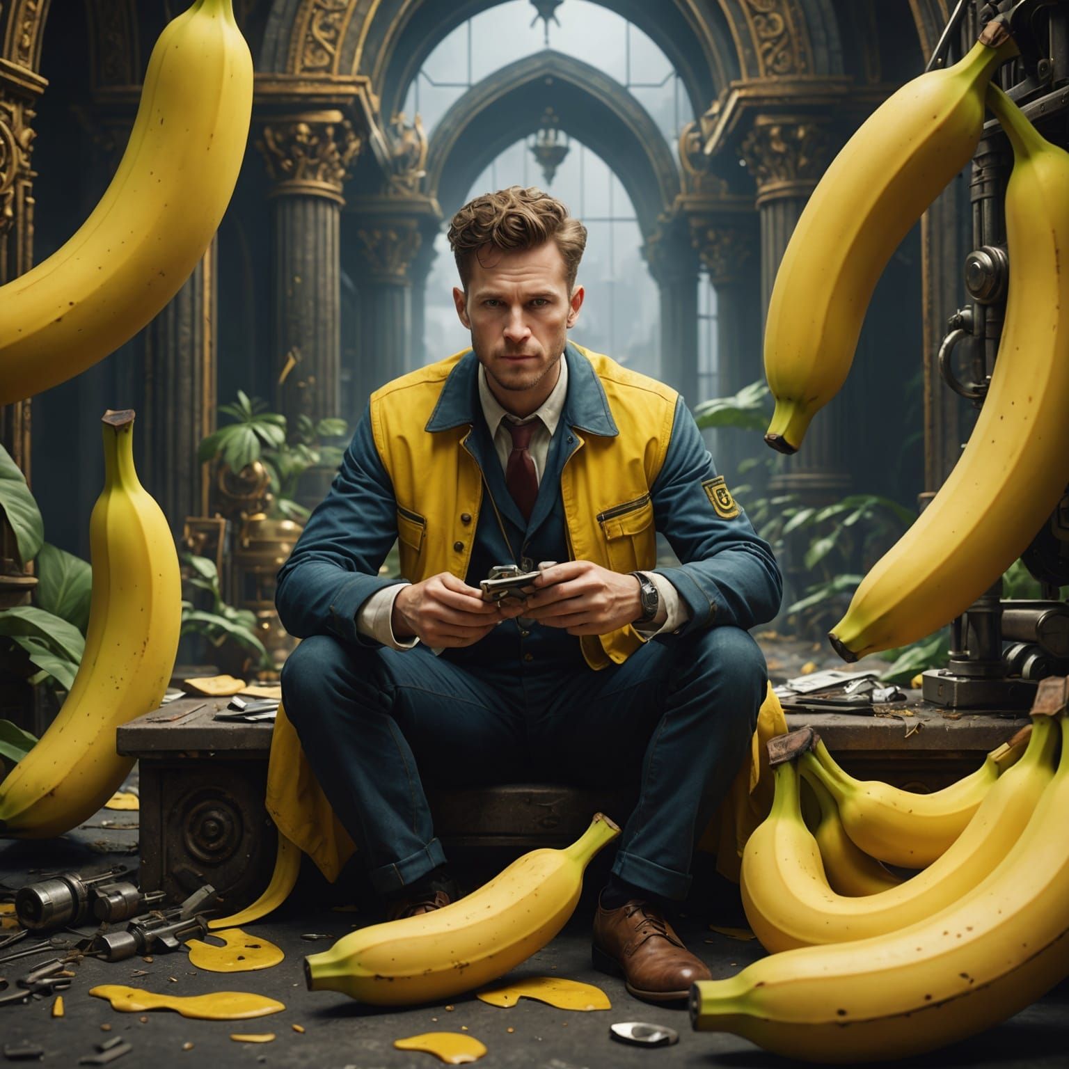 Surreal Engineer Emerges from Banana, Detailed Digital Art